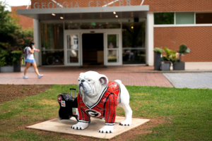 Bulldog statue in front of Hotel entrance to the UGA Continuing Education & Hotel building