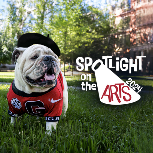 Spotlight on the Arts - Shot of UGA XI with a beret on a lawn and the Spotlight on the Arts 2024 Logo