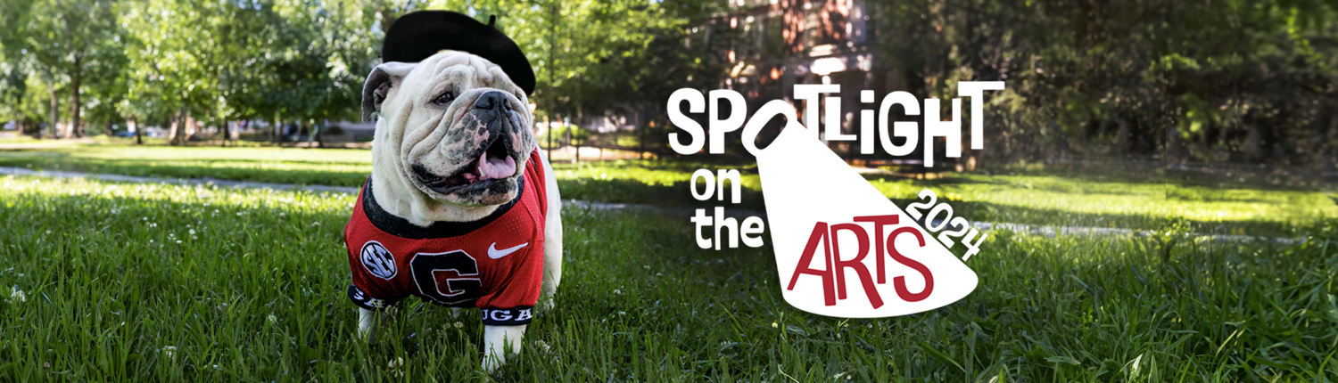 Spotlight on the Arts 2024 featuring a photo of Uga XI wearing an artist's hat on a lawn